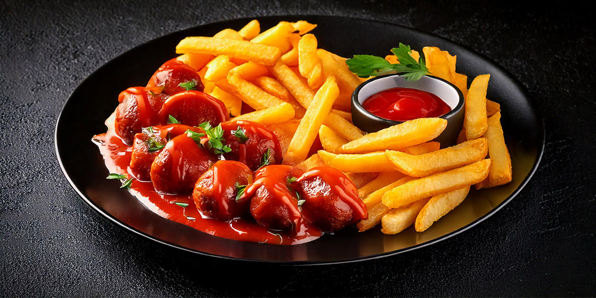 Currywurst mit Pommes Em Altertümche
