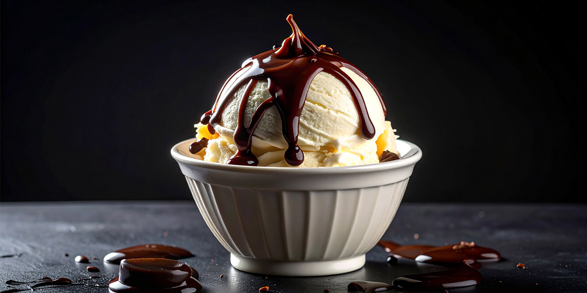 Vanilleeis mit heißer Schokoladensauce und Sahne Em Altertümche